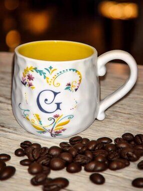 Floral Monogram "G" Coffee Mug Yellow Interior 12 Oz Cypress Home